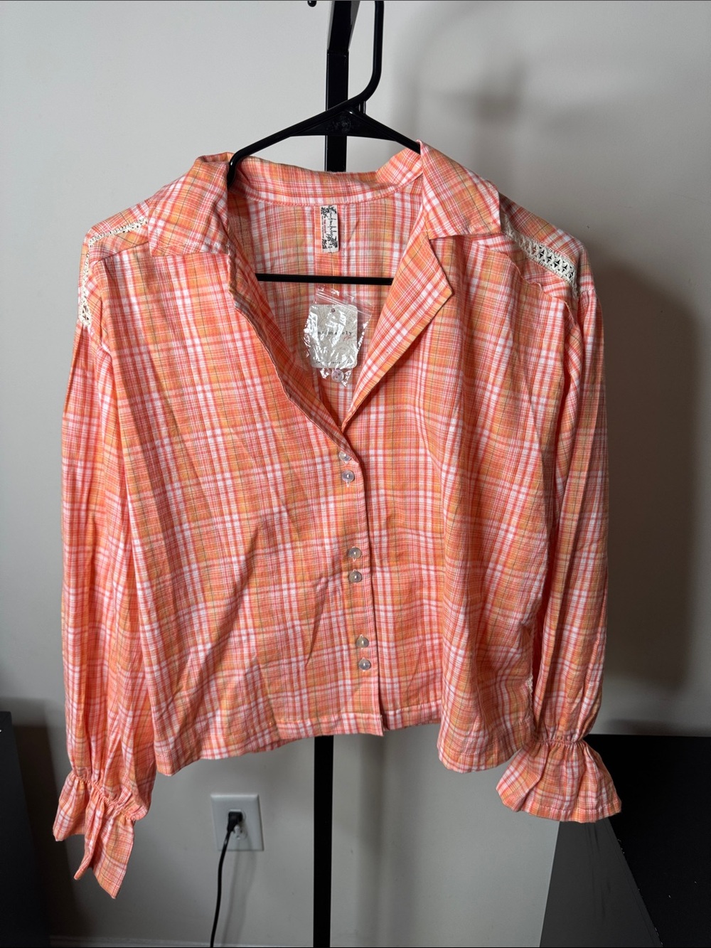 Free People Orange and Pink Plaid Button-Down Shirt